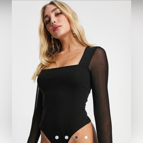 ASOS DESIGN mesh sleeve square neck bodysuit in black Size 10 - Picture 1 of 8